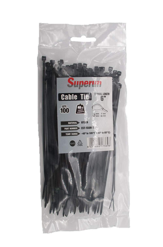 Superun Black Zip Ties 6 Inch, 40 Lbs Tensile Strength Wire Ties (Industrial Grade Cable Ties) Pack of 100