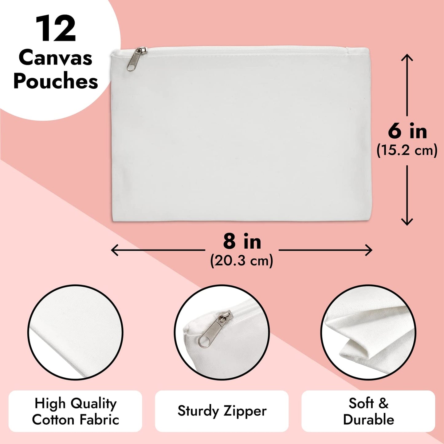 Blank Canvas Zipper Pouch, DIY Craft Bag for Cosmetics, Coins, Miniature Toiletries 12 Pack, 15 x 20 cm Off-White