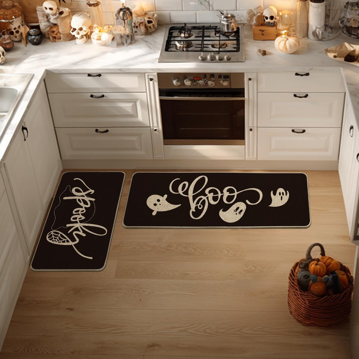 Artoid Mode Spooky Spider Web Ghosts Boo Halloween Kitchen Mats Set of 2, Home Decor Low-Profile Kitchen Rugs for Floor - 17x29 and 17x47 Inch