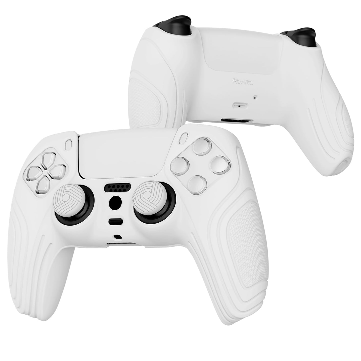 eXtremeRate PlayVital Samurai Edition White Anti-Slip Controller Grip Silicone Skin for ps5, Ergonomic Soft Rubber Protective Case for ps5 Controller with White Thumb Stick Caps