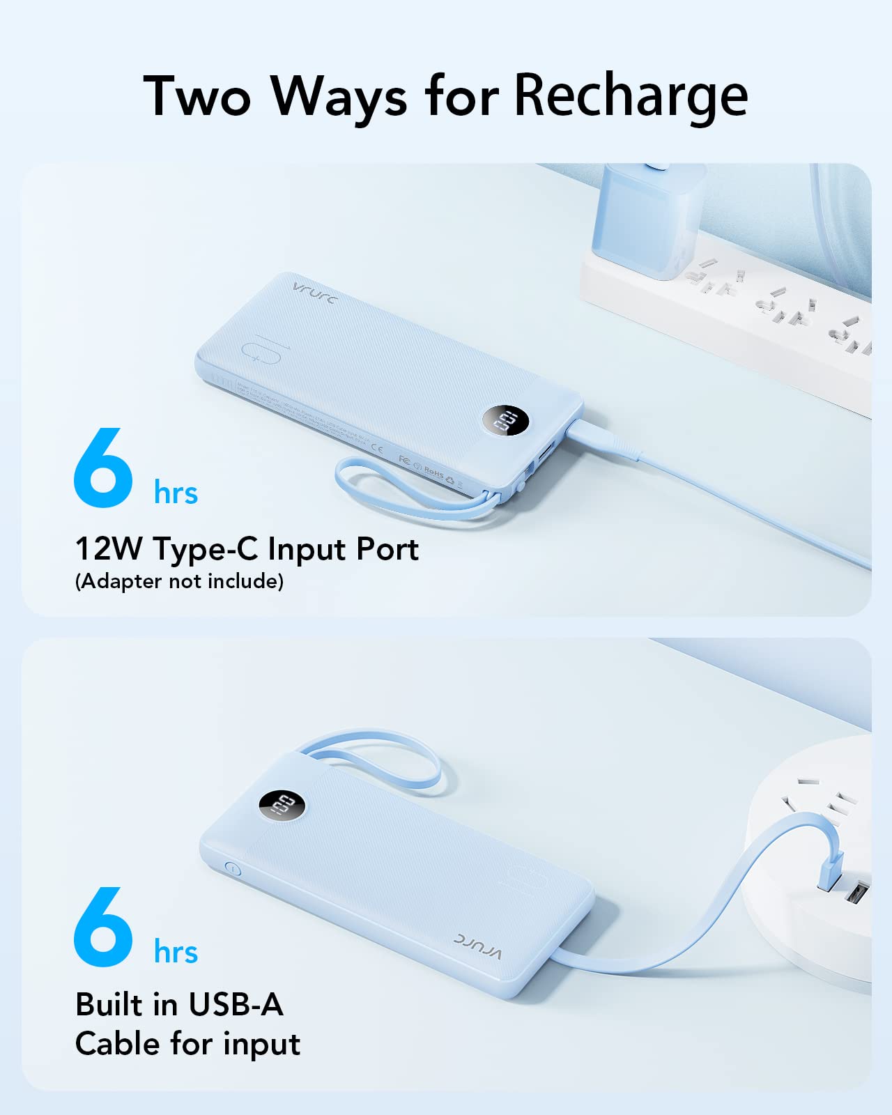 VRURC Portable Charger with Built in Cables, Slim Power Bank 10000mAh, USB C Battery Pack Travel Essential, 5 Outputs 2 Inputs Phone Charging Bank for iPhone 16 15 14 13,Samsung,Android-Black(1 Pack)