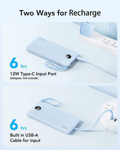 VRURC Portable Charger with Built in Cables, Slim Power Bank 10000mAh, USB C Battery Pack Travel Essential, 5 Outputs 2 Inputs Phone Charging Bank for iPhone 16 15 14 13,Samsung,Android-Black(1 Pack)