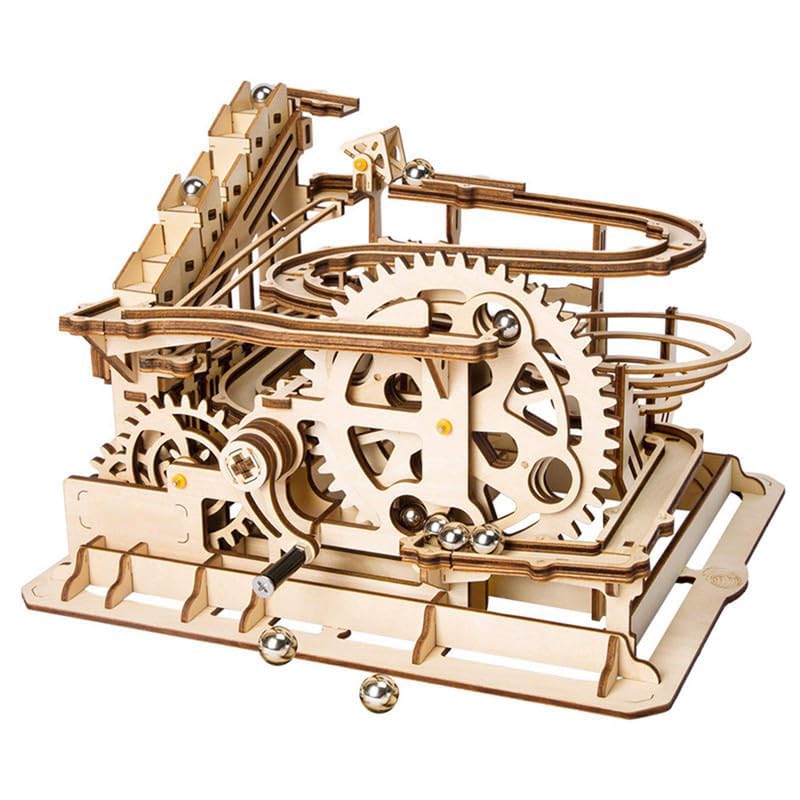 ROKR Hand Cranked Marble Run Wooden Model Kits Assembly 3D Wooden Puzzle Mechanical Model Kits with Balls for Teens and Adults(Waterwheel Coaster)