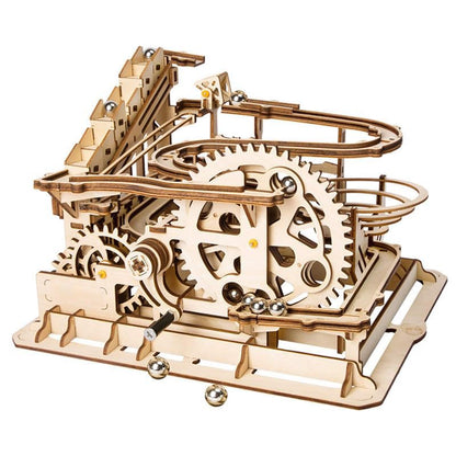 ROKR Hand Cranked Marble Run Wooden Model Kits Assembly 3D Wooden Puzzle Mechanical Model Kits with Balls for Teens and Adults(Waterwheel Coaster)