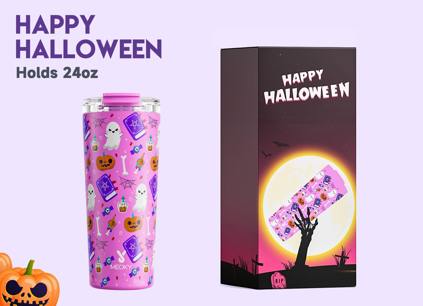 Meoky 24 oz Halloween Travel Coffee Mug with Leak-proof Lid, Stainless Steel Insulated Coffee Tumbler, Keeps Hot for 8 Hours or Cold for 24 Hours, Fits in Car Cup Holder (Spooky Pumpkin)