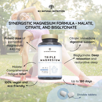 Triple Magnesium Glycinate 3-in-1 (6 Months) 2640 mg Magnesium, Synergistic Complex with Malate, Citrate, Bisglycinate for Sleep, Energy, Muscles and Bones. 180 Tablets. N2 Natural Nutrition