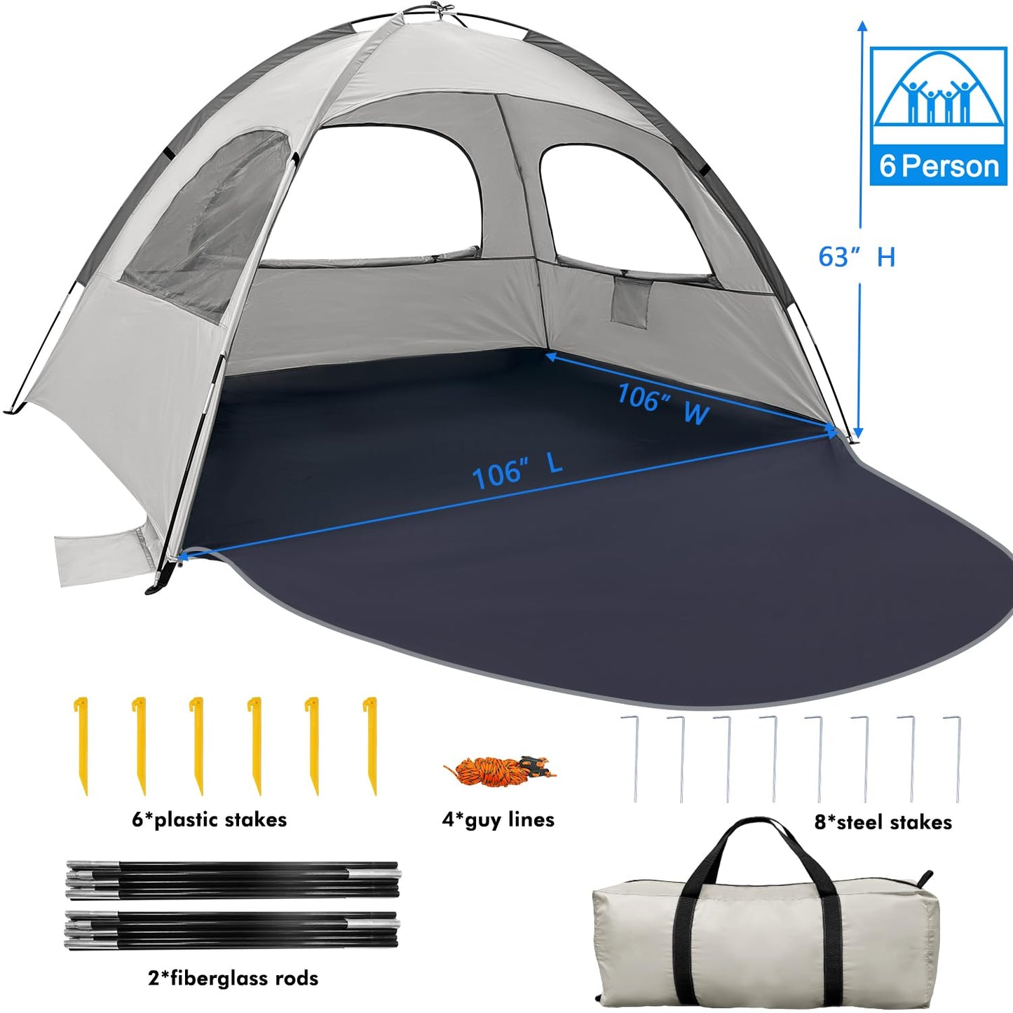WhiteFang Beach Tent Anti-UV Portable Sun Shade Shelter for 6 Person, Extendable Floor with 3 Ventilating Mesh Windows Plus Carrying Bag, Stakes and Guy Lines (Baby's Breath)