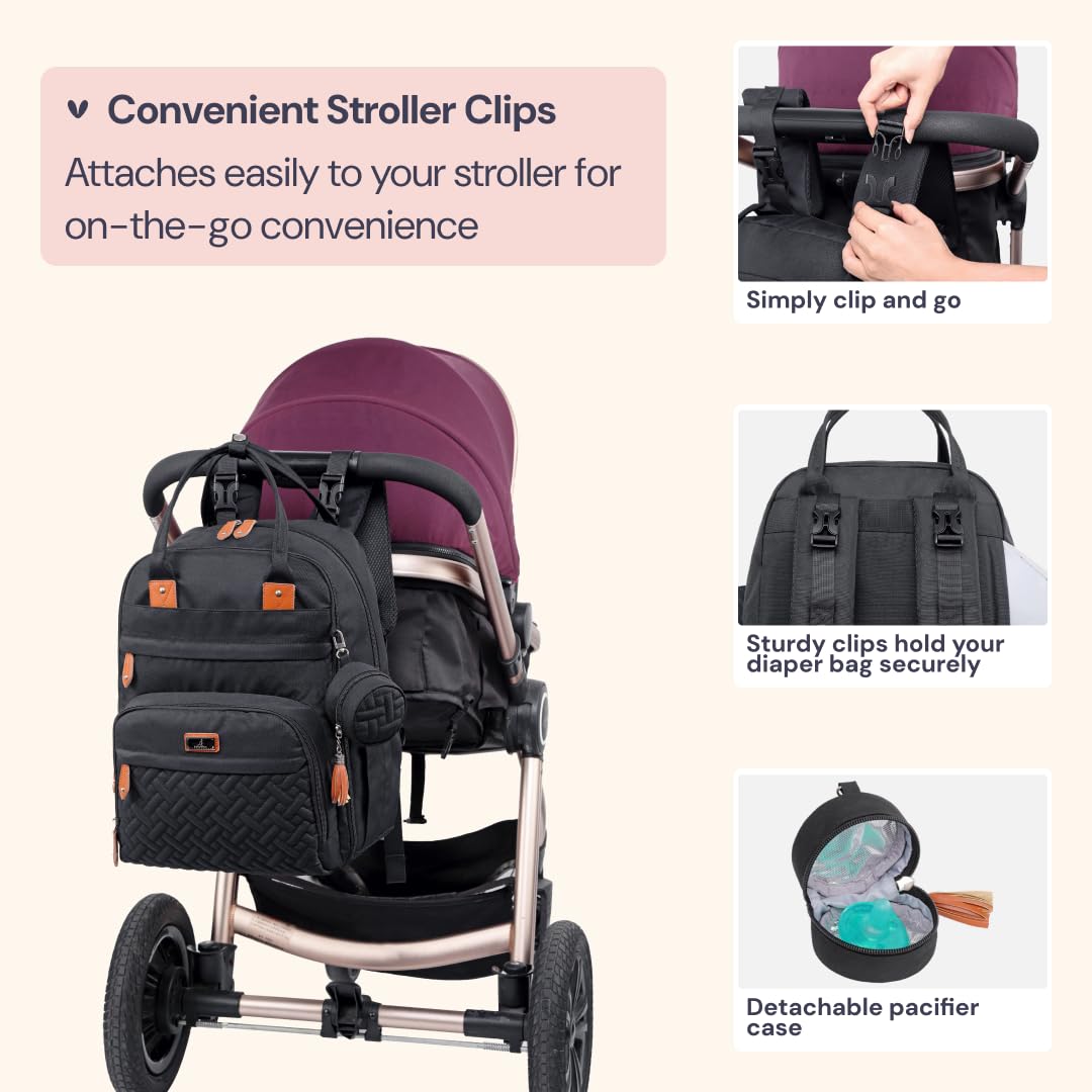 BabbleRoo Baby Changing Bag Backpack, Nappy Changing Back Pack Diaper Bags with Changing Mat & Pacifier Holder for Mom & Dad (Black)