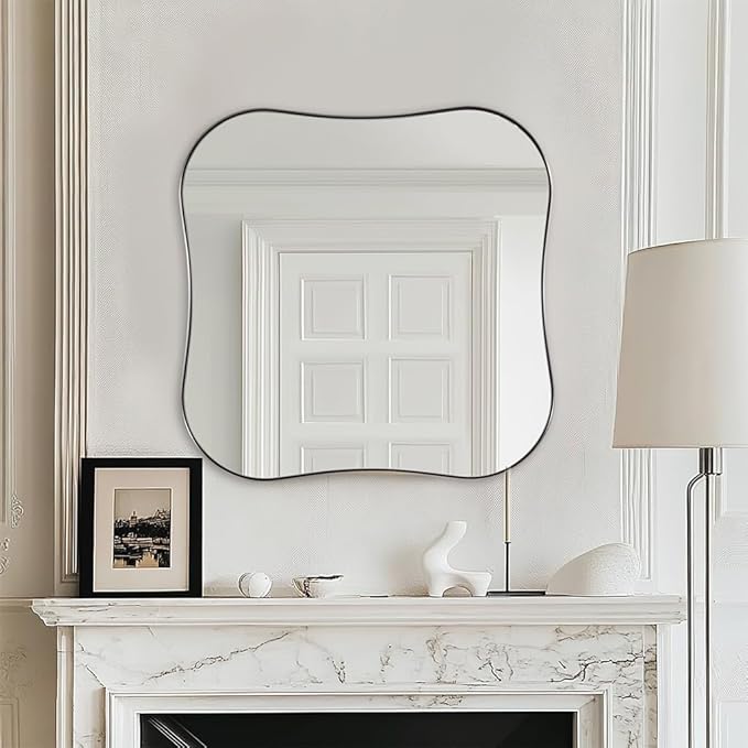 ANDY STAR 30x30 Inch Brushed Nickel Bathroom Mirror,Square Scallope Mirror with Unique Notched Edges Design in 1 Inch Stainless Steel Metal Frame Wall Mounted Mirror for Home Bathroom