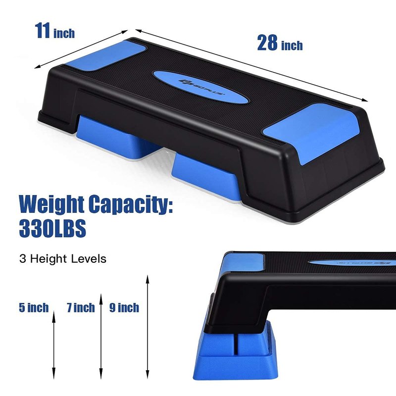 Goplus 30'' Aerobic Stepper with Risers, 5” 7” 9” Levels Height Adjustable, Workout Fitness Exercise Step Platform Trainer with Non-Slip Foot Pads, for Home/Gym (Blue)