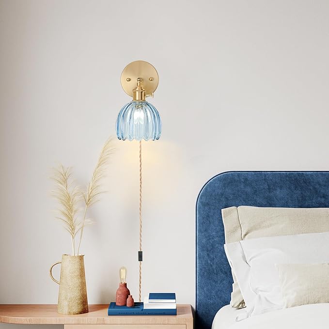 Plug in Wall Sconces Set of 2, Vintage Wall Sconce Light with Tulip Denim Blue Glass Lampshade, 180° Adjustable Wall Sconce with Switch and Plug in wall lamp Cord, Gold Wall Light Wall Decor Set of 2