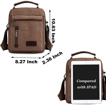 A-QMZL Mens Shoulder Bag Canvas Messenger Bags Travel Crossbody Bag Large Capacity Casual Handbag with Multiple Pockets for Working Shopping Hiking Daily Use (Brown)