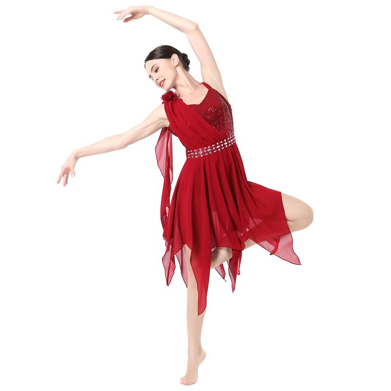IBAKOM Lyrical Dance Dress for Women One Shoulder Flower Strap Shiny Sequins Contemporary Dance Costume Asymmetrical Chiffon Skirt Ballerina Salsa Ballroom Flowy Dresses Red Strap L