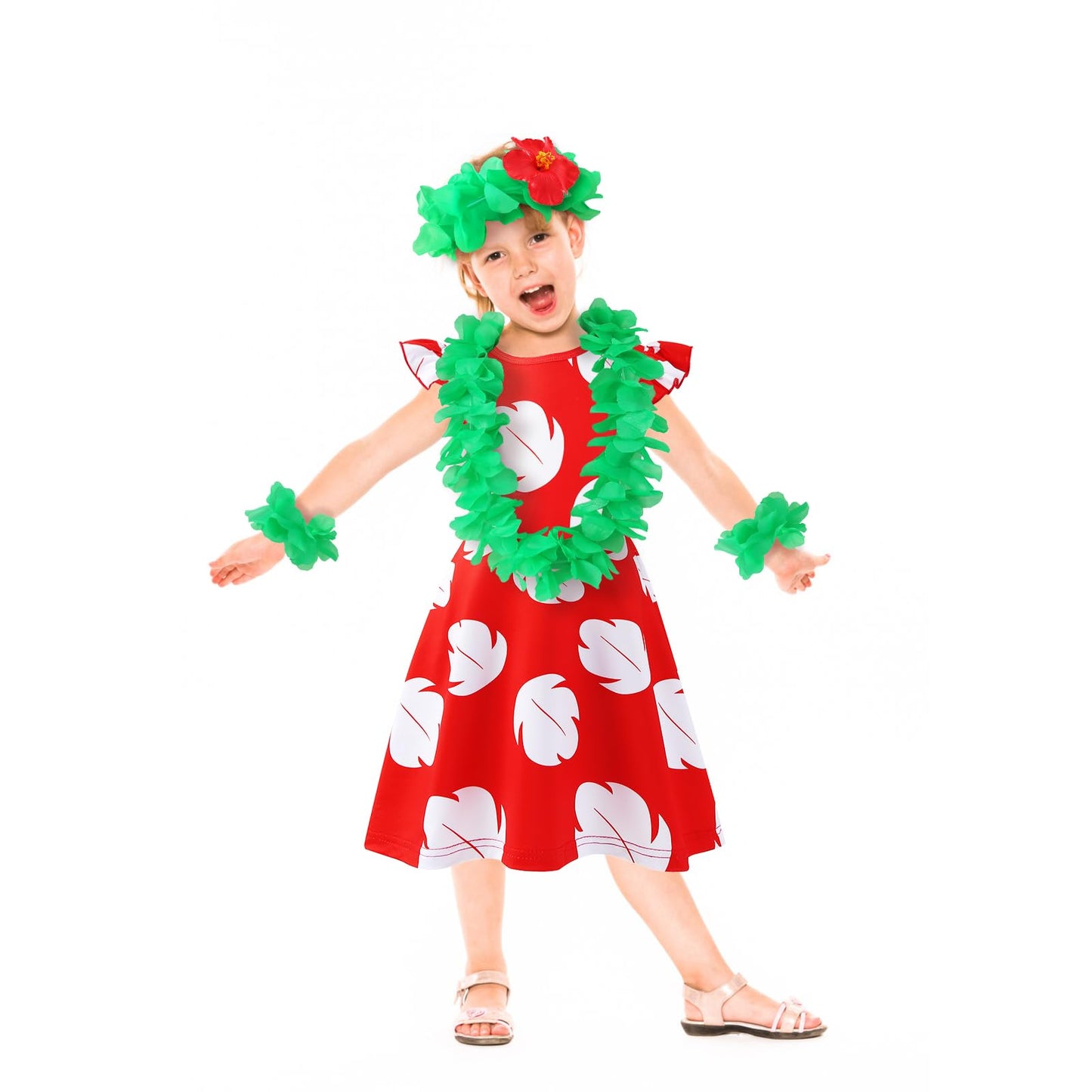 Hawaiian Little Girls Costume Dress with 4 Pcs Luau Flower Leis Accessories Set Red Flower Hair Clips Toddler Halloween Party Cosplay Outfit for 7-8 Years