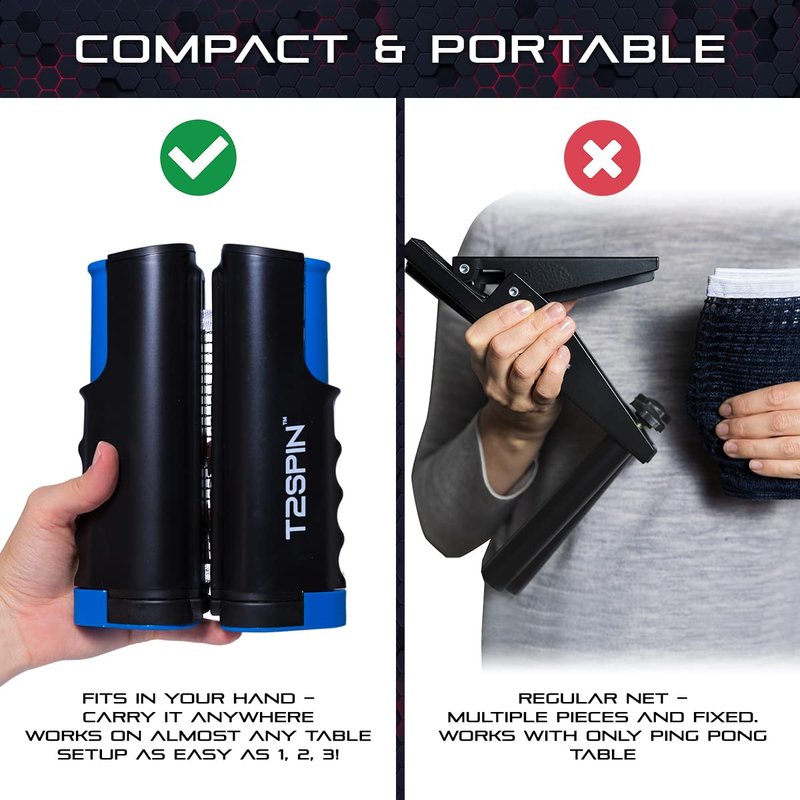 T2Spin Premium Retractable Ping Pong Net for Any Table - Portable Table Tennis Net -Ping Pong Net with Clamps -Table Tennis Accessories - Comes with Large Storage Bag