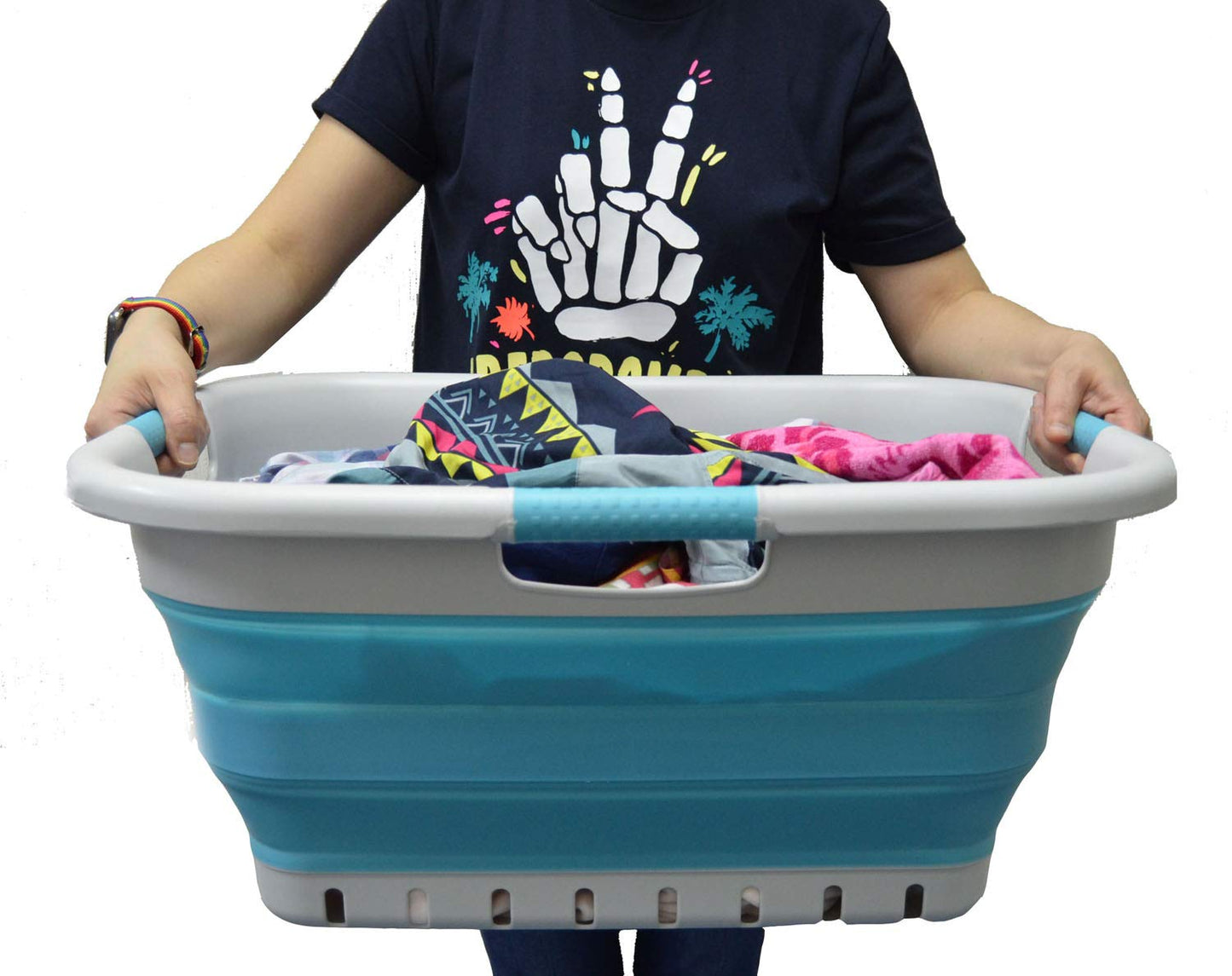 SAMMART 41L (10.8 gallon) Collapsible Plastic Laundry Basket - Foldable Pop Up Storage Container/Organizer - Portable Washing Tub - Space Saving Hamper/Basket (3 handled rectangular, Grey/Bright Blue)