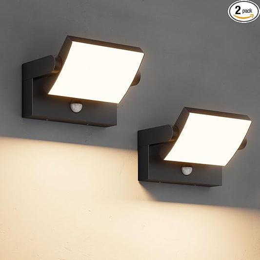 2 Pack 40W Motion Sensor Outdoor Wall Lights, 3000K Black LED Light Fixture, IP65 Waterproof Exterior Porch Light, 360 ° Adjustable Head Flood Wall Lighting for House