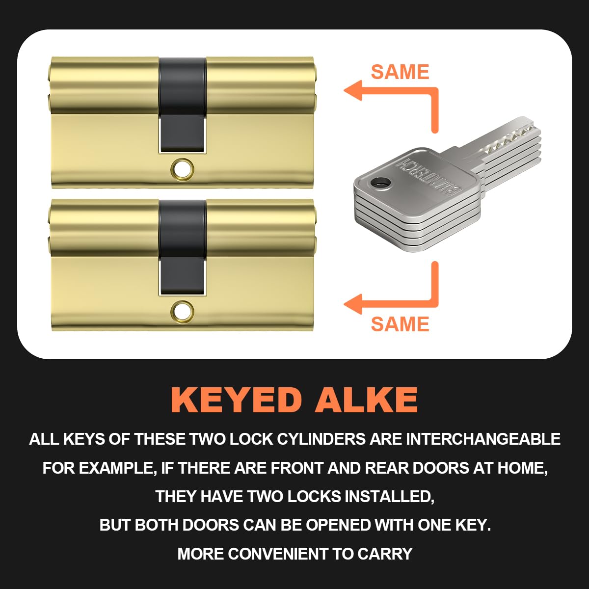 Bwintech Keyed Alike 30/30 mm Euro Brass Cylinder, 60 mm Key/Key Cylinder Lock with 10 Horizontal Brass Keys, Anti Picking, Anti Drill, Anti Bumping, Polished Brass Finish