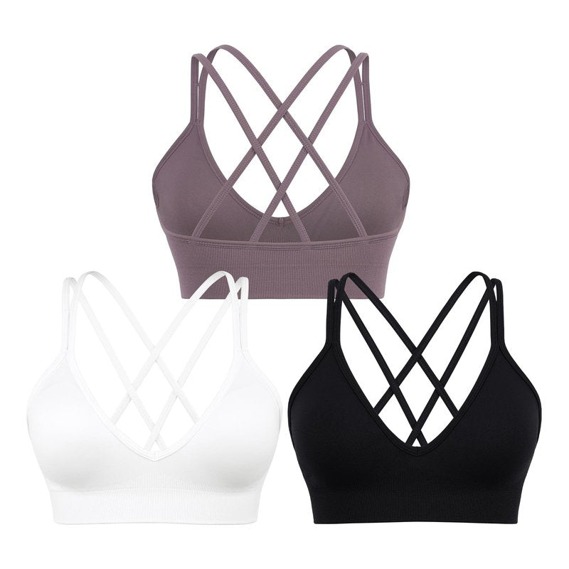 Sports Bra for Women,V-Neck Strappy Sports Bras Padded Criss Cross Back Low Support Yoga Bra with Removable Cups 3 Pack