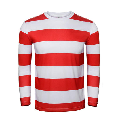 Adult Men Red and White Striped Tee Shirt Glasses Hat Outfit Suit Set Halloween Cosplay Costume Party Props (3X-Large, Adult Men)