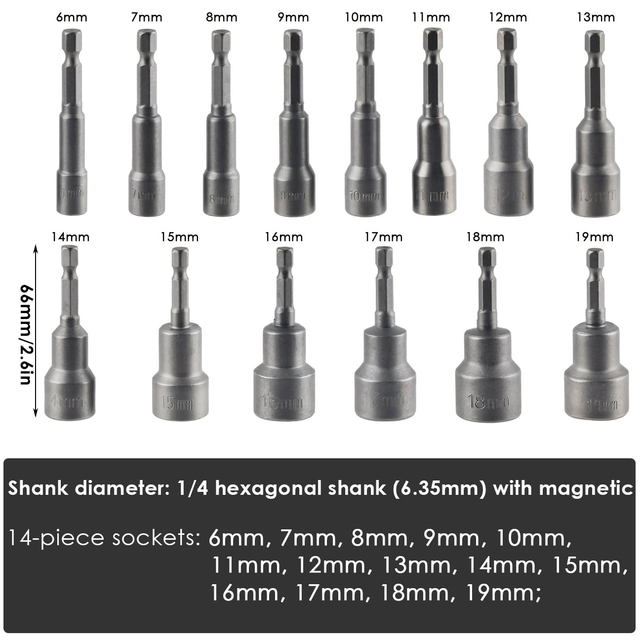 14 x TIMESETL Magnetic Hex Socket Impact Screwdriver 6-19 mm, Magnetic Socket Wrenches Hexagonal Socket Set 1/4 Hexagonal Socket Adapter Tool