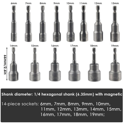 14 x TIMESETL Magnetic Hex Socket Impact Screwdriver 6-19 mm, Magnetic Socket Wrenches Hexagonal Socket Set 1/4 Hexagonal Socket Adapter Tool