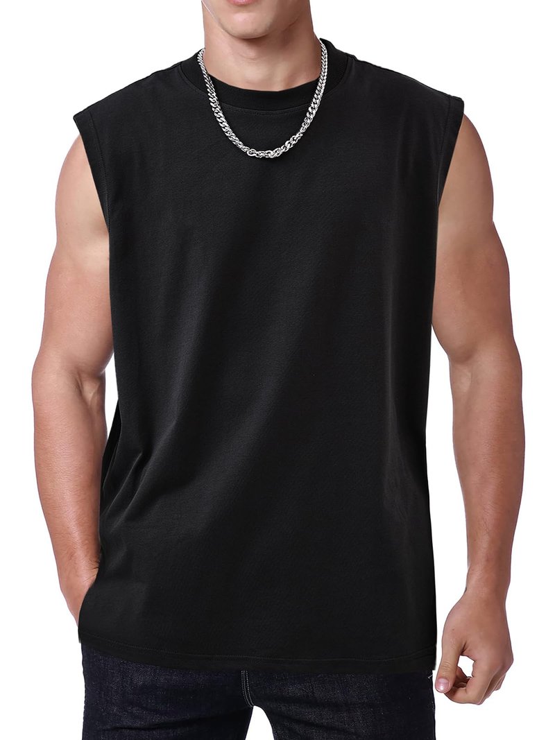 Mens Workout Tank Tops Sleeveless Tee Shirts Men Muscle Shirt Gym Cotton T Shirts Running Beach Loose Fit Tee（XZG,BK,L A-Black