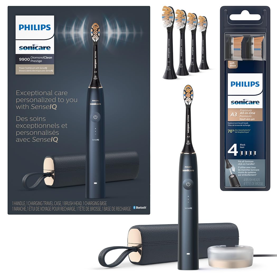 Philips Sonicare DiamondClean 9900 Prestige Electric Toothbrush - with SenseIQ Technology and Advanced AI App, 5 Brushing Modes, 3 Intensity Levels, Charging Travel Case,Midnight Blue, Model HX9990/12