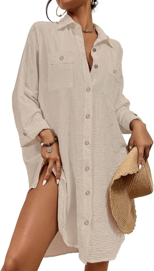 Bsubseach Women's Modern Swimsuit Cover-Up Blouse - Button Down Shirt Dress, Stylish Beachwear