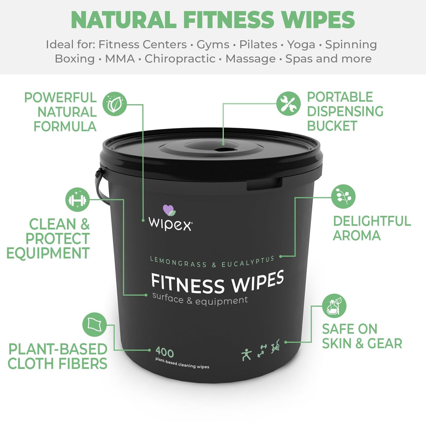 Wipex Yoga Mat Cleaner Wipes - Plant-Based Lemongrass, Eucalyptus & Vinegar Wipes for Gym & Fitness Equipment & All Purpose Gym Cleaning - Safe for Peloton Bikes & Treadmills - 400 Count