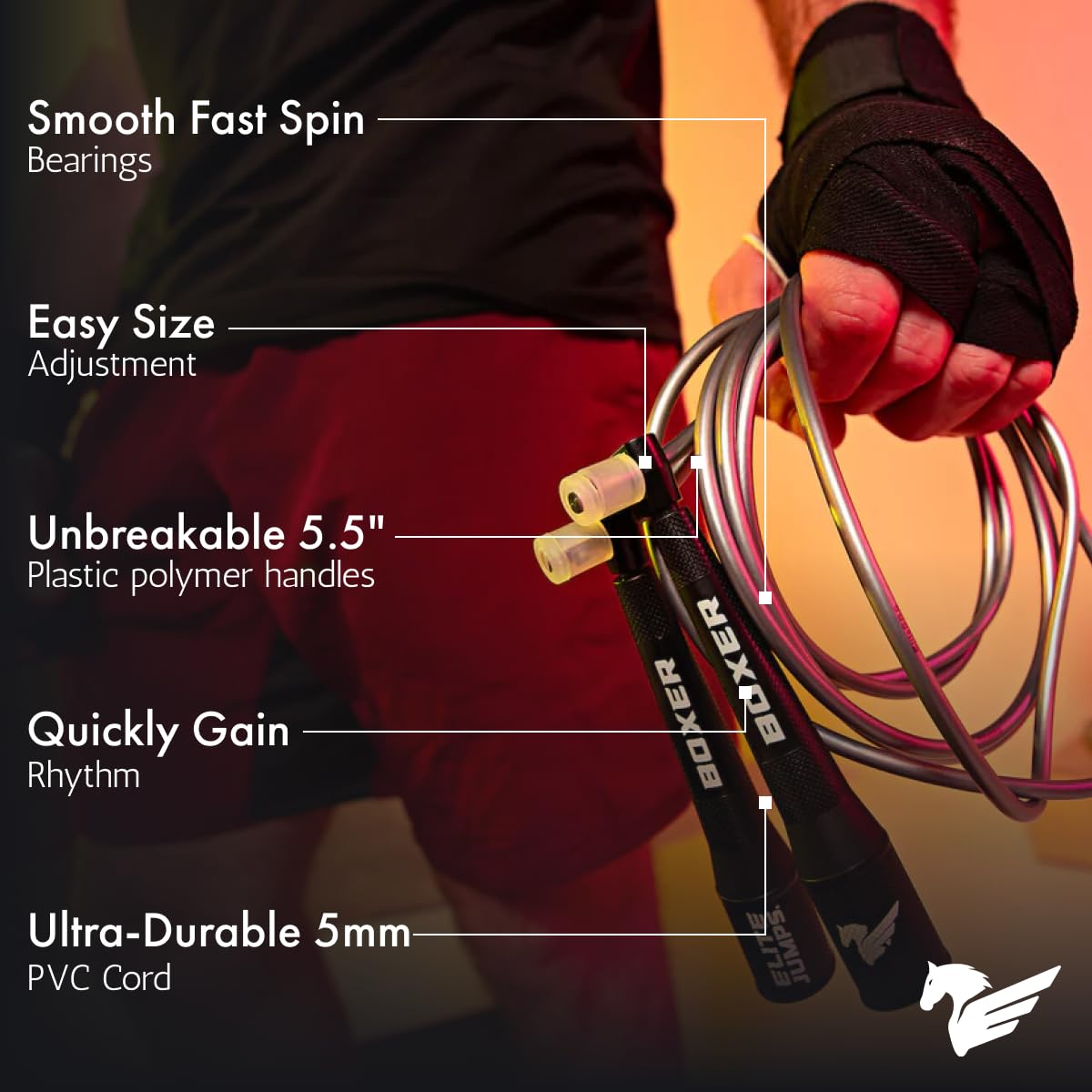 EliteSRS 10 Foot Outdoor Rated 5Mm Pvc, Boxer Jump Rope 3.0 with Smooth Action Polymer Handles and Ergonomic Slip-Resistant Dimpled Grips Black