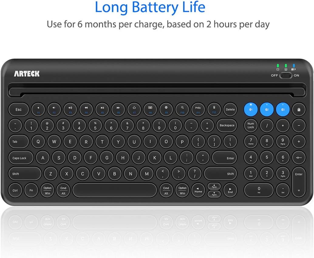 Arteck Wireless Bluetooth Keyboard for Windows, iOS, Android, Computer, Laptop, Smartphone - Multi-Functional with Built-in Cradle