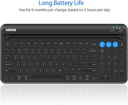 Arteck Wireless Bluetooth Keyboard for Windows, iOS, Android, Computer, Laptop, Smartphone - Multi-Functional with Built-in Cradle