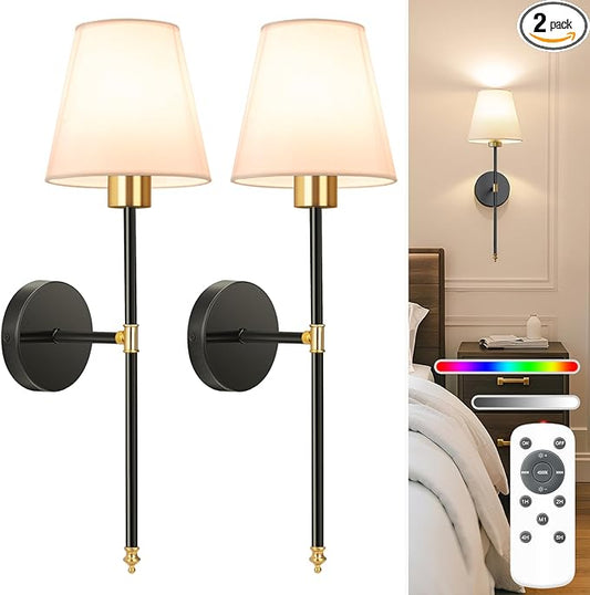 NIORSUN 19.9 inch Battery Operated Wall Sconce Set of 2,Gold-Black Rechargeable Wall Lights with 5200mAh Dimmable Detachable Bulbs and Remote,10 Colors Wireless Sconces for Bedroom Living Room Hallway