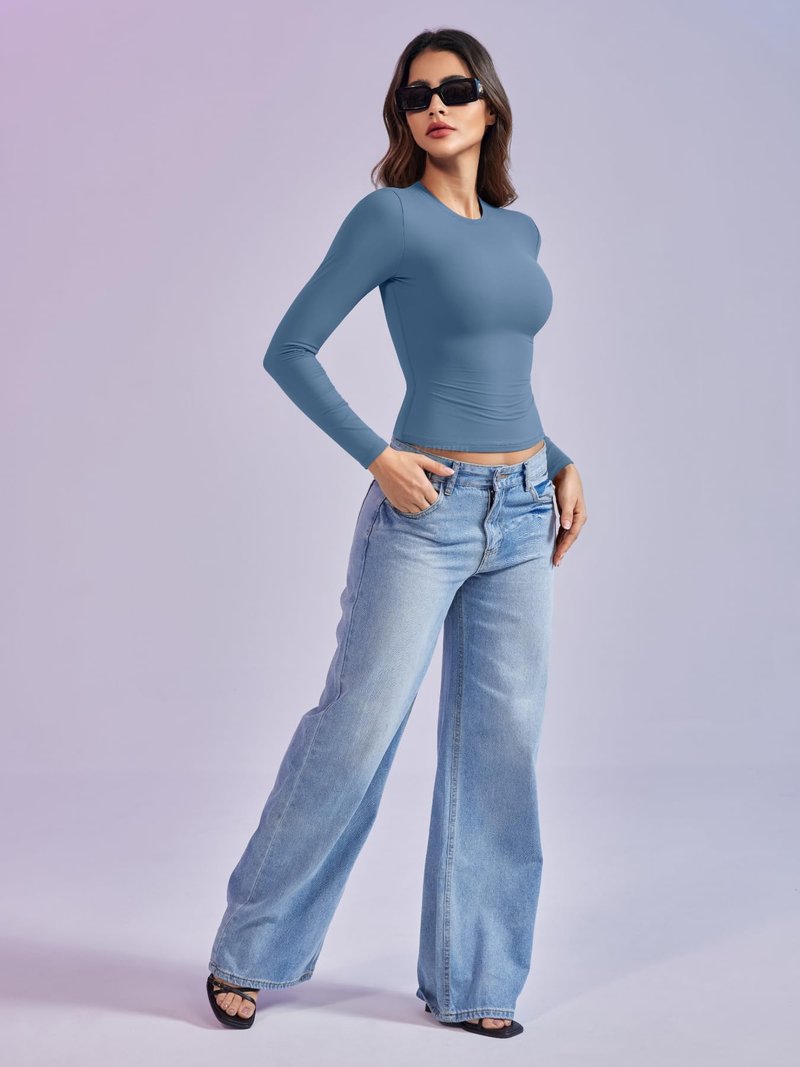 YEOREO Long Sleeve Shirts for Women y2k Tops Double Lined Basic Tee Crew Neck Going Out Sweeney Workout Undershirt Haze Blue M