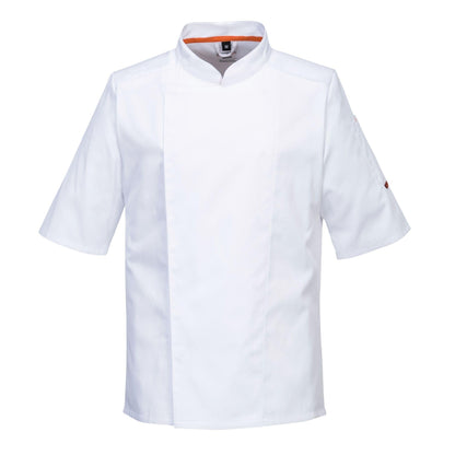 Portwest C738 Men's Mesh Air Pro Chef Jacket Short Sleeve Breathable Durable Slim Fit Texpel Finish Workwear Apron with Sleeve Pocket Machine Washable, White, XL