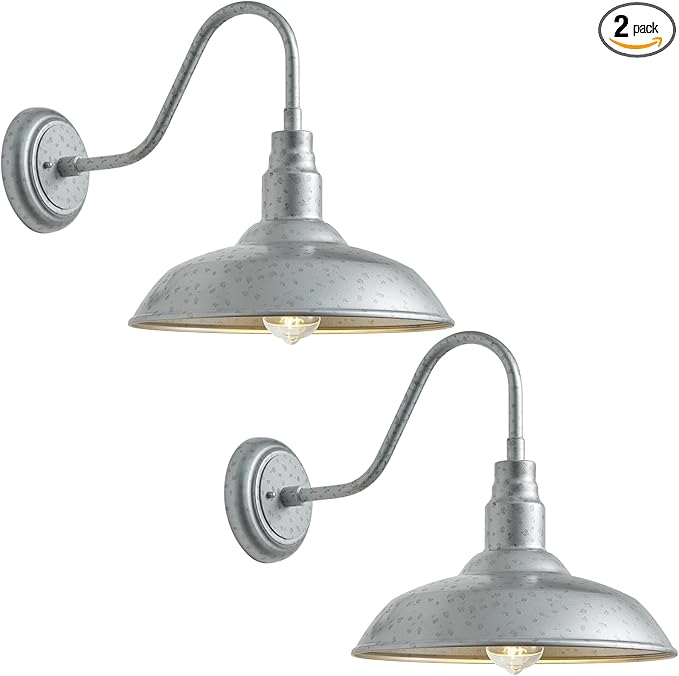 10in. Dome Outdoor Gooseneck Barn Light, 2 Pack Galvanized Steel Exterior Gooseneck Lighting Fixture with Wall Mount Farmhouse Style Outside Barn Door Wall Sconce, Waterproof, LM2201-SV-2P