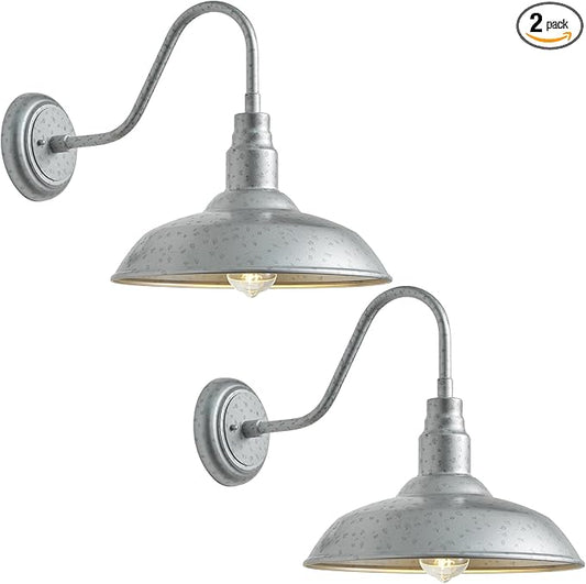 10in. Dome Outdoor Gooseneck Barn Light, 2 Pack Galvanized Steel Exterior Gooseneck Lighting Fixture with Wall Mount Farmhouse Style Outside Barn Door Wall Sconce, Waterproof, LM2201-SV-2P