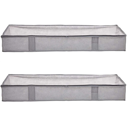 Amazon Basics Under Bed Fabric Zipper Blanket Storage Container Bags with Window and Handles, 2-Pack, 18 x 42 x 6 inches, Gray