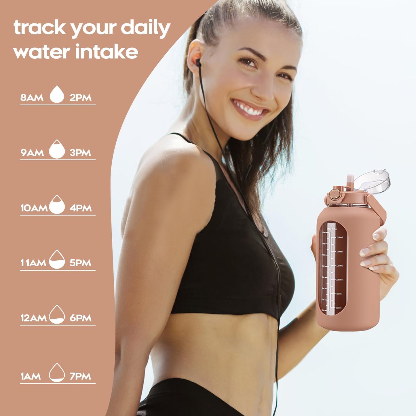 chunmo 74 oz Glass Water Bolttles with Straw Large Motivational Water Bottle with Time Marker Sports Water Bottles with Silicone Sleeve and Handle Lid 2.2L Water Jug for Gym Workout