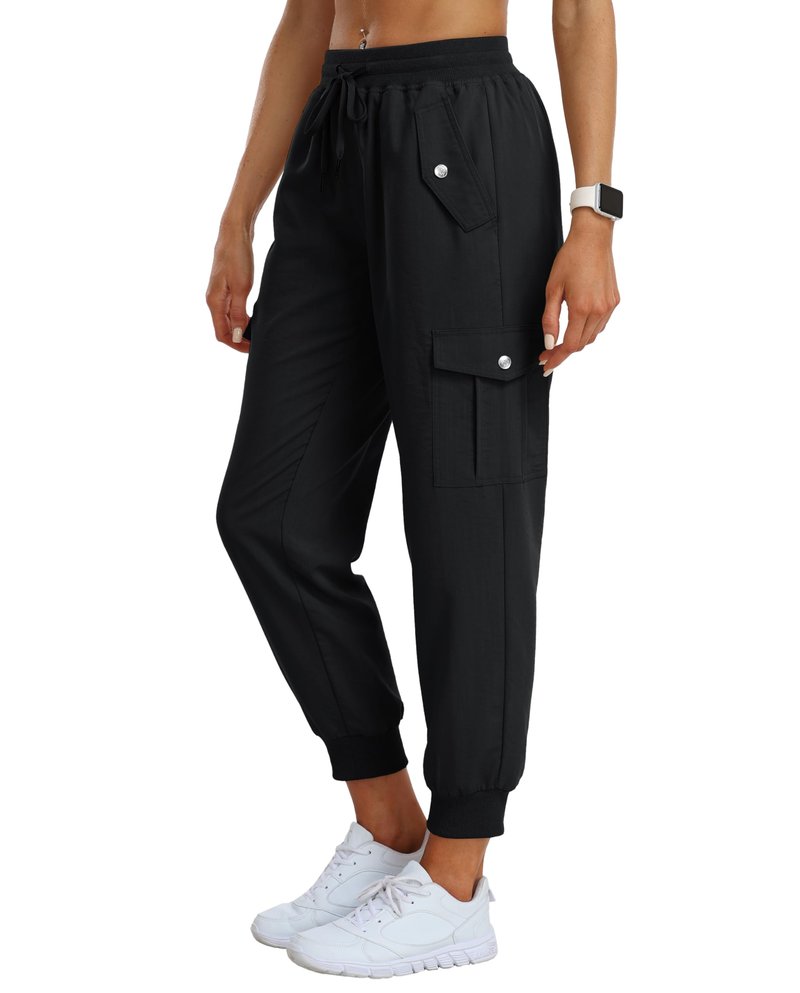 MoFiz Women's Outdoor Cargo Pants Lightweight Joggers Elastic Waist Athletic Hiking Sweatpants Casual Travel Pant with Pocket Black M