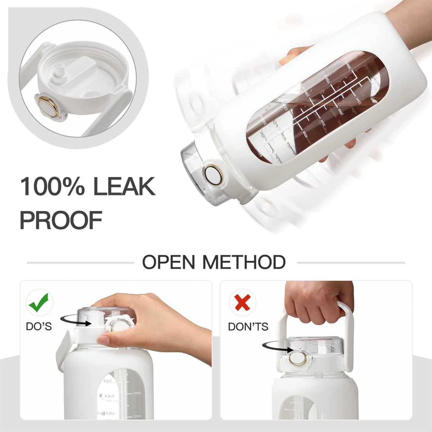 chunmo 64oz Glass Water Bolttles with Straw Half Gallon Large Motivational Water Bottle with Time Marker Sports Water Bottles with Silicone Sleeve and Handle Lid Water Jug for Gym Workout