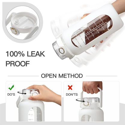 chunmo 64oz Glass Water Bolttles with Straw Half Gallon Large Motivational Water Bottle with Time Marker Sports Water Bottles with Silicone Sleeve and Handle Lid Water Jug for Gym Workout