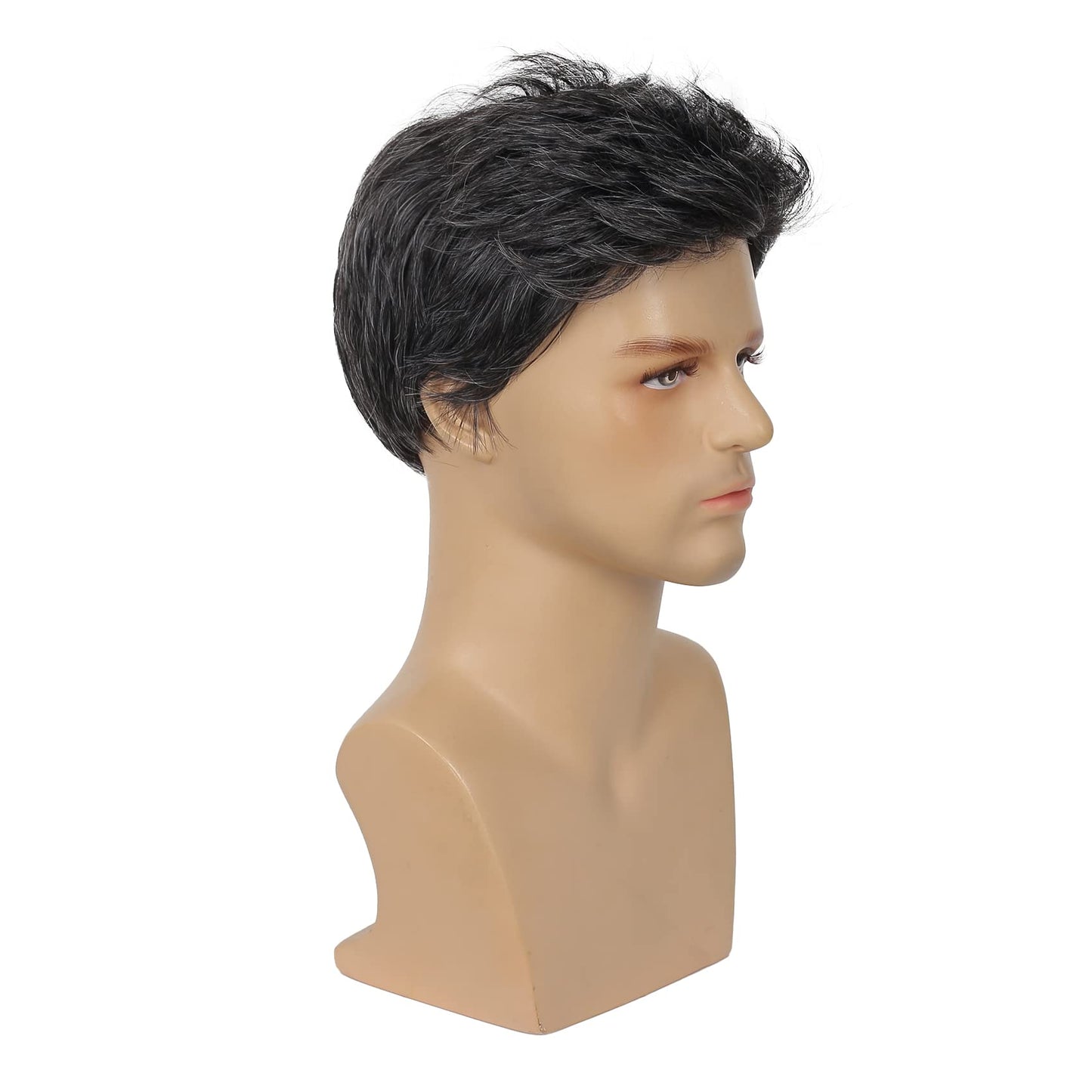 Sallcks Mens Short Black Grey Wig Natural Layered Costume Halloween Wigs Synthetic Heat Resistant Hair Replacement Wigs for Male Guys (Black Mixed Grey)