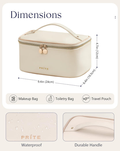 Prite Large Makeup Bag for Women Travel Cosmetic Case Waterproof PU Leather Toiletry Bag Portable Make Up Organiser with Handle and Removable Divider (Beige)