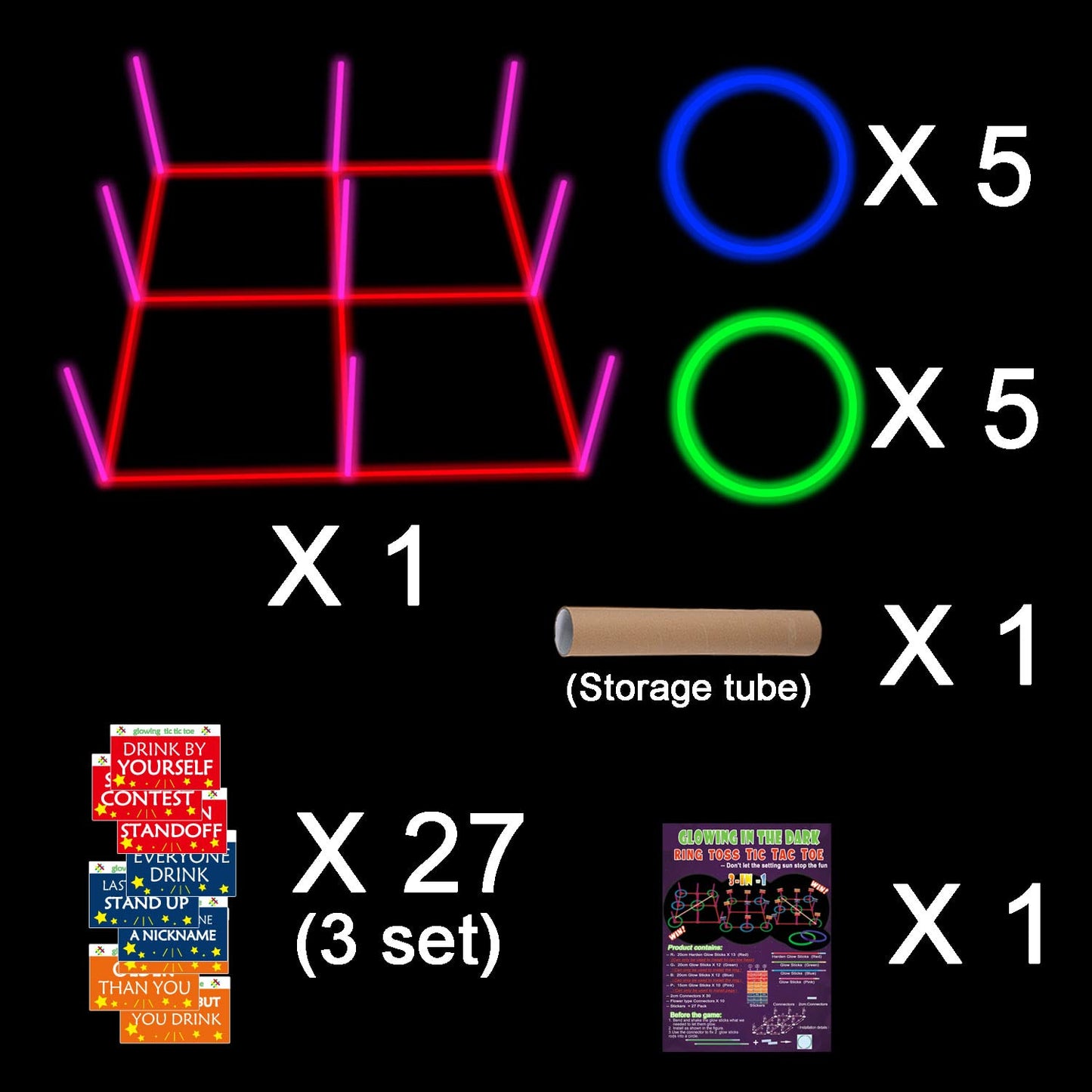 Ring Toss Games Glowing 3-in-1 Tic Tac Toe Game Indoor/Outdoor Games for Adults and Family - Fun Camping, Backyard Toys, Carnival Games or Dorm Room Game, Sticker with Content