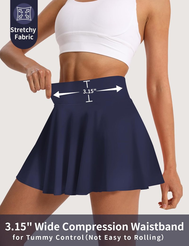 CHALLMOT Women's Tennis Skirts High Waisted Tummy Control Pleated Athletic Golf Skorts Skirts for Running with 4 Pockets Navy L