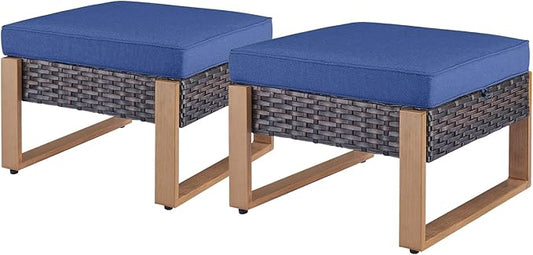 Rilyson Outdoor Ottoman Wicker Patio Footrest - 2 Piece Wicker Footrest Footstools Set with Sturdy Frame,All-Weather PE Wicker, Thick Cushions for Deck Porch Garden(Brown/Blue)
