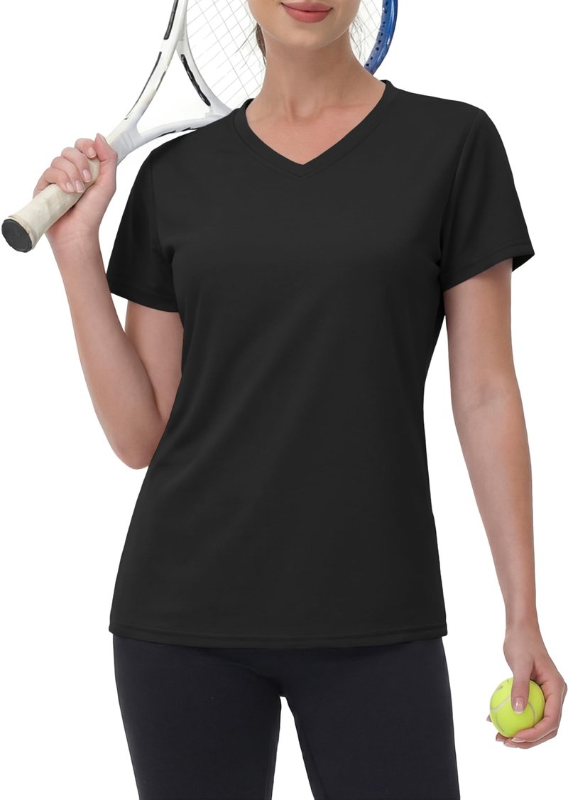 MAGCOMSEN Shirts for Women V Neck Workout Tops Running Dry Fit Sun Protection Shirt UPF 50 Cooling Exercise Top Black L