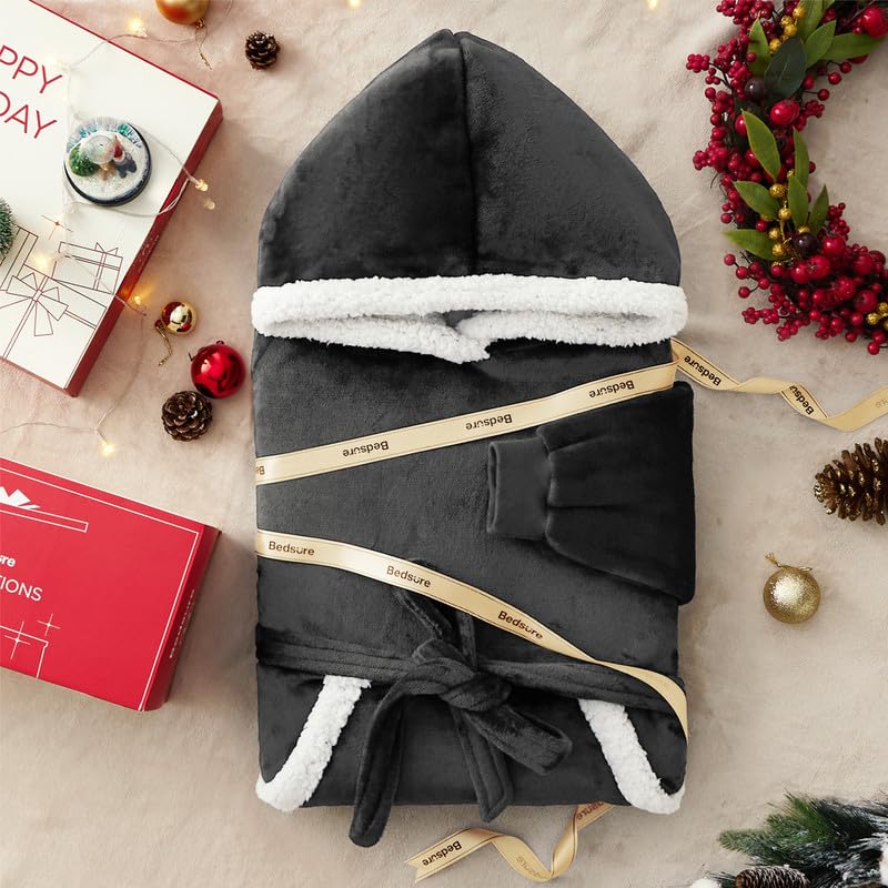 Bedsure Wearable Blanket Hoodie, Long Hooded Blanket Sweatshirt as Christmas Birthday Gifts for Men, Cozy Sherpa Hoodie for Adult, Oversize, Charcoal
